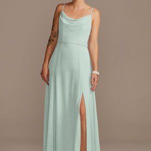 Dusty Sage Cowl Neck Chiffon Dress with Slit